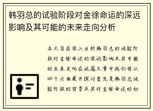 韩羽总的试验阶段对金徐命运的深远影响及其可能的未来走向分析 韩羽总的试验阶段对金徐命运的深远影响及其可能的未来走向分析